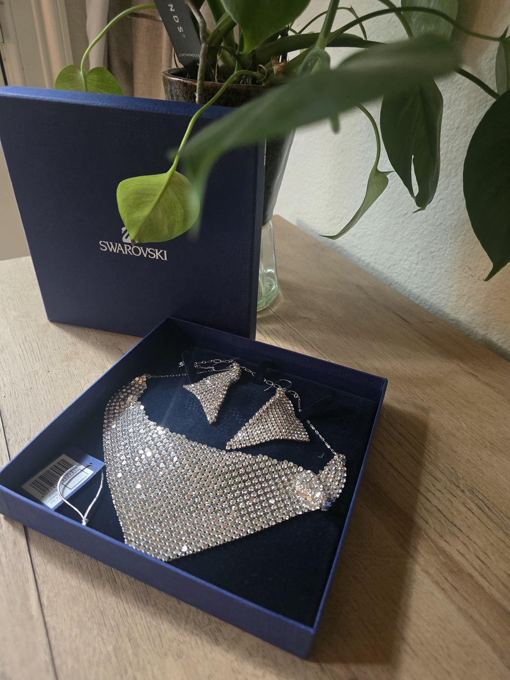 Swarovski Silver Crystal Mesh Necklace and Drop Earrings